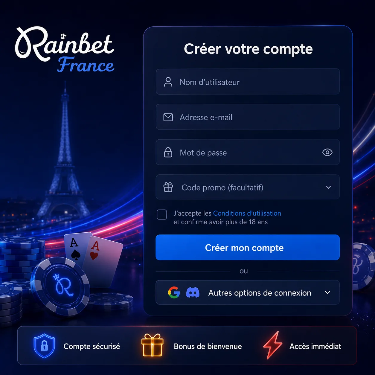 Création de compte Rainbet dans l'espace joueur