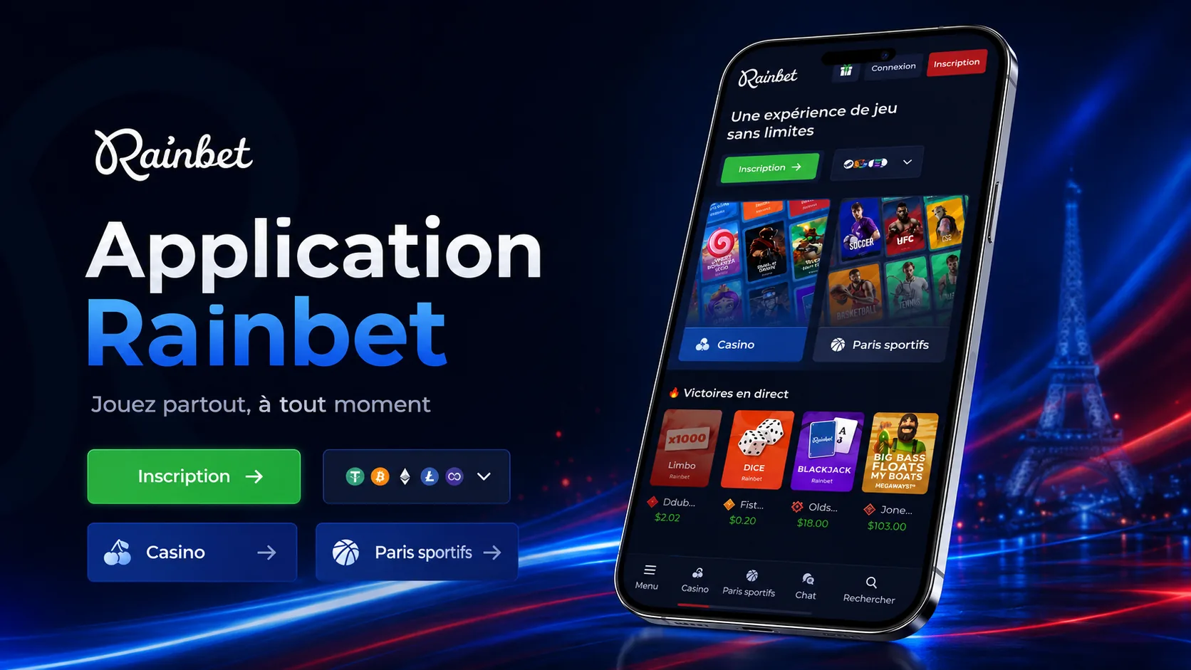 Lobby mobile Rainbet avec jeux et application casino