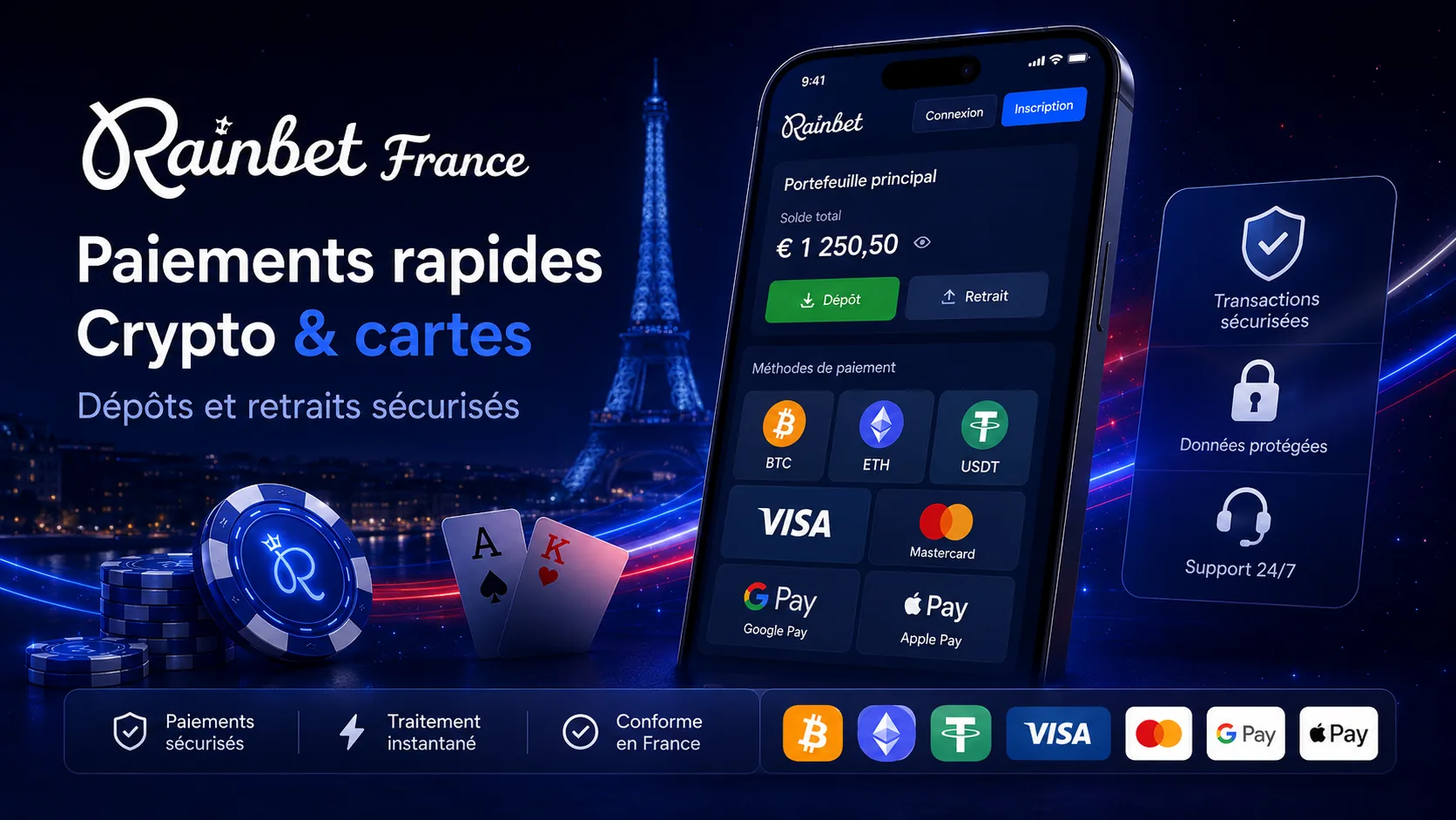 Paiements Rainbet par crypto et cartes