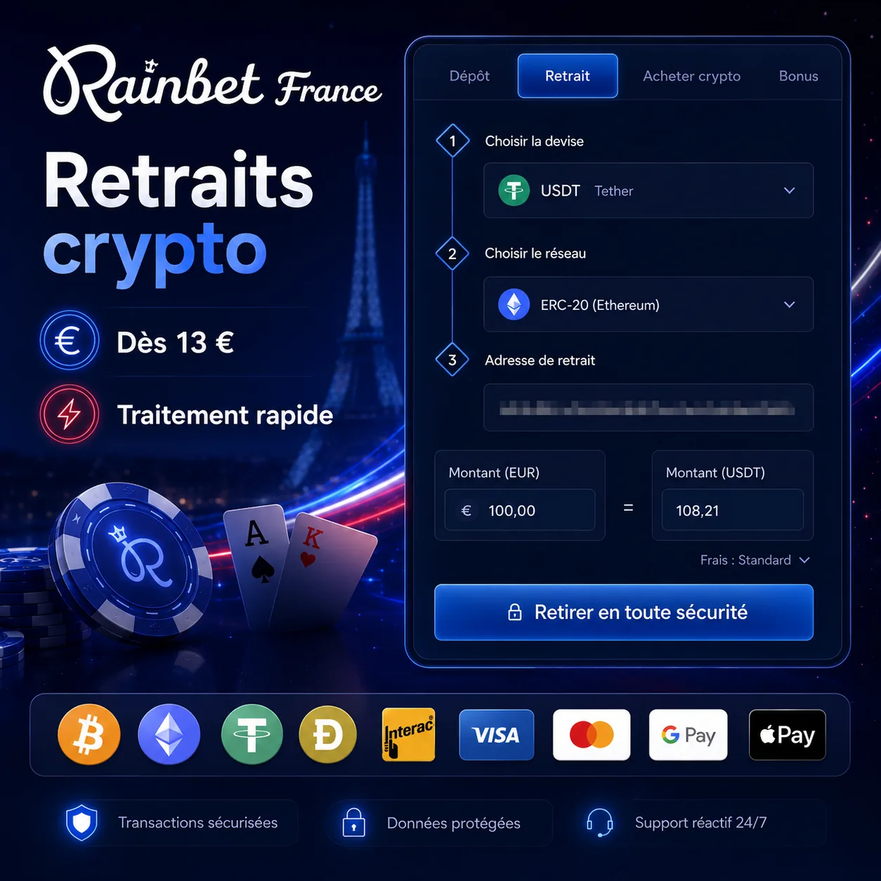 Panneau Rainbet de retrait crypto