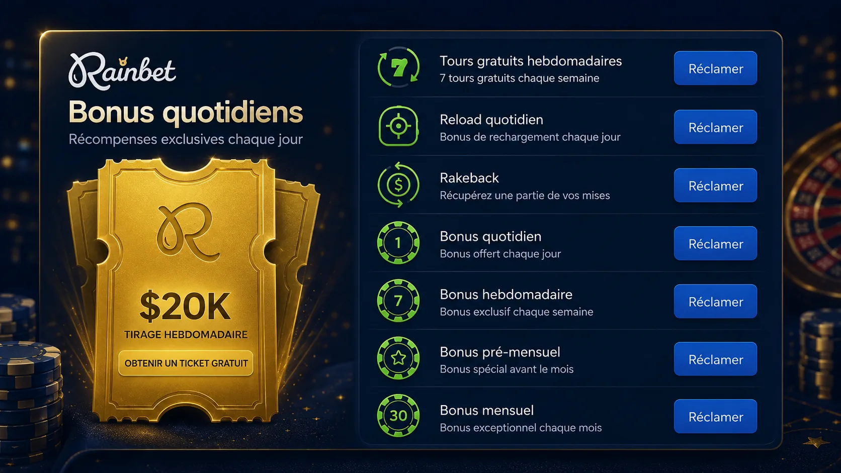 Panneau Rainbet avec bonus quotidiens et récompenses