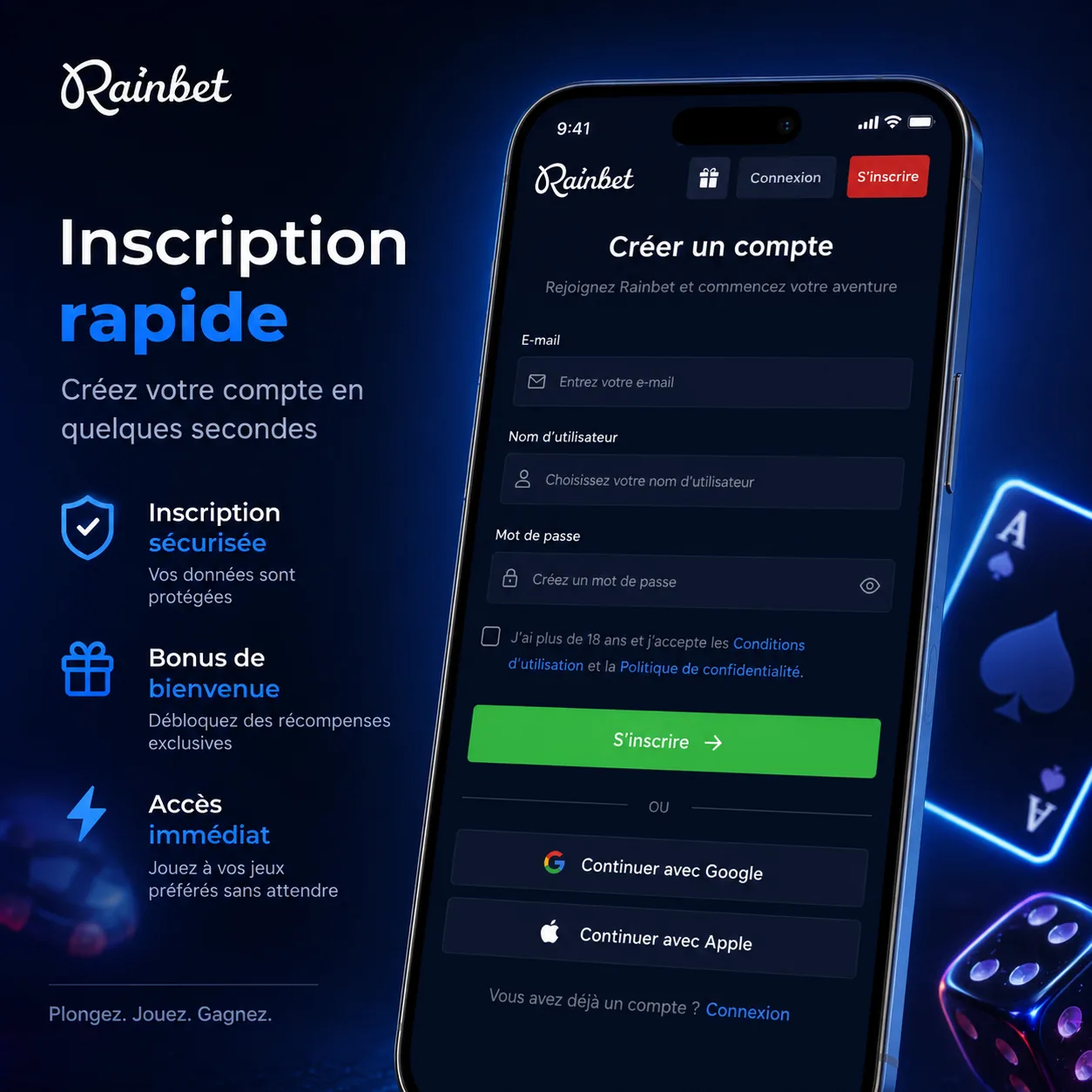 Formulaire Rainbet d'inscription rapide